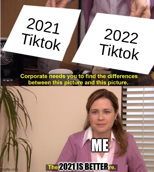 2022, First half - GREAT Second half - NOTHING MUCH, I hope 2023 is better |  2021 Tiktok; 2022 Tiktok; ME; 2021 IS BETTER | image tagged in memes,they're the same picture,2021,tiktok | made w/ Imgflip meme maker