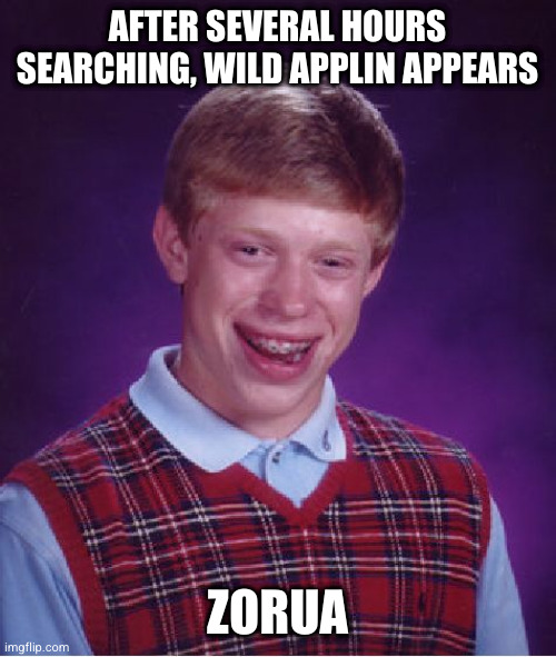 Bad Luck Brian Meme | AFTER SEVERAL HOURS SEARCHING, WILD APPLIN APPEARS; ZORUA | image tagged in memes,bad luck brian,PokemonScarletViolet | made w/ Imgflip meme maker