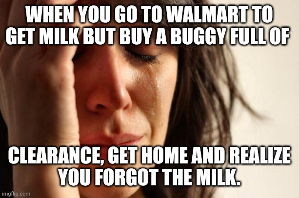 First World Problems | WHEN YOU GO TO WALMART TO GET MILK BUT BUY A BUGGY FULL OF; CLEARANCE, GET HOME AND REALIZE
YOU FORGOT THE MILK. | image tagged in memes,first world problems | made w/ Imgflip meme maker