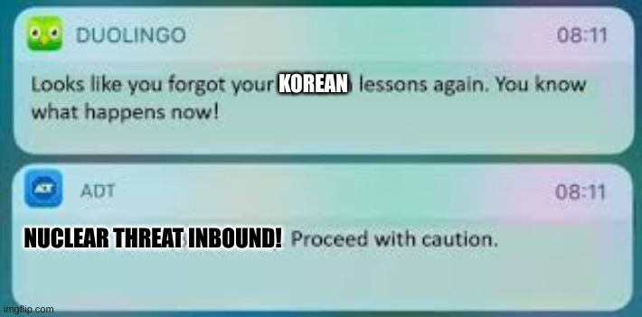 I tried to find the one that said NUCLEAR MISSILE THREAT INBOUND THIS IS NOT A DRILL! | KOREAN; NUCLEAR THREAT INBOUND! | image tagged in duolingo text message,north korea | made w/ Imgflip meme maker