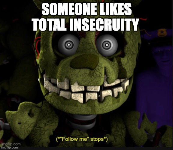 (*”Follow me” stops*) | SOMEONE LIKES TOTAL INSECRUITY | image tagged in follow me stops | made w/ Imgflip meme maker