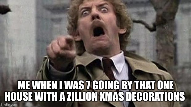 LMAO XD its true tho | ME WHEN I WAS 7 GOING BY THAT ONE HOUSE WITH A ZILLION XMAS DECORATIONS | image tagged in donald sutherland body snatchers point | made w/ Imgflip meme maker