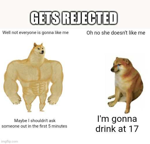 Buff Doge vs. Cheems | GETS REJECTED; Well not everyone is gonna like me; Oh no she doesn't like me; Maybe I shouldn't ask someone out in the first 5 minutes; I'm gonna drink at 17 | image tagged in memes,buff doge vs cheems | made w/ Imgflip meme maker
