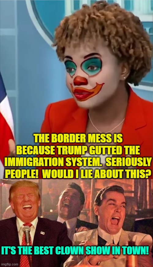 At this point she's thinking she'd better get handed a nice gig at MSNBC or CNN after this. | THE BORDER MESS IS BECAUSE TRUMP GUTTED THE IMMIGRATION SYSTEM.  SERIOUSLY PEOPLE!  WOULD I LIE ABOUT THIS? IT'S THE BEST CLOWN SHOW IN TOWN! | image tagged in press clown | made w/ Imgflip meme maker