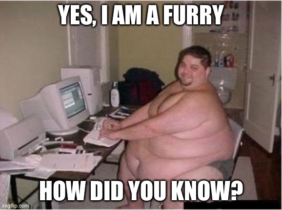 really fat guy on computer | YES, I AM A FURRY; HOW DID YOU KNOW? | image tagged in really fat guy on computer,furry,anti furry | made w/ Imgflip meme maker