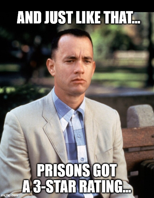 And...Just like that | AND JUST LIKE THAT... PRISONS GOT A 3-STAR RATING... | image tagged in and just like that | made w/ Imgflip meme maker