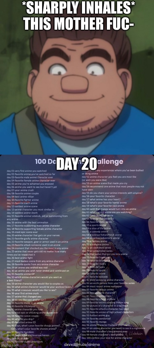 *SHARPLY INHALES* THIS MOTHER FUC-; DAY 20 | image tagged in 100 day anime challenge | made w/ Imgflip meme maker