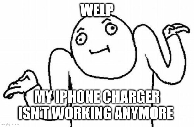 FALSE ALARM: it just decided to not work for a while | WELP; MY IPHONE CHARGER ISN’T WORKING ANYMORE | image tagged in welp | made w/ Imgflip meme maker