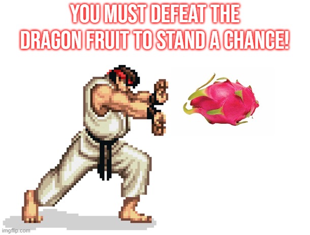 Hyloken! | You must defeat the Dragon Fruit to stand a chance! | image tagged in ryu street fighter,video game,funny food,capcom | made w/ Imgflip meme maker