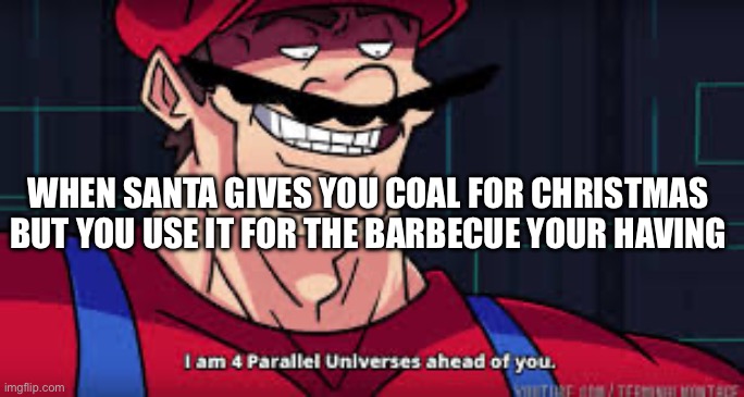 . | WHEN SANTA GIVES YOU COAL FOR CHRISTMAS BUT YOU USE IT FOR THE BARBECUE YOUR HAVING | image tagged in memes | made w/ Imgflip meme maker