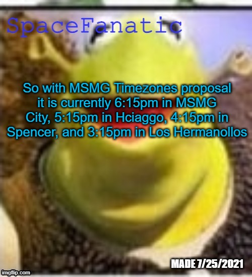 Ye Olde Announcements | So with MSMG Timezones proposal it is currently 6:15pm in MSMG City, 5:15pm in Hciaggo, 4:15pm in Spencer, and 3:15pm in Los Hermanollos | image tagged in spacefanatic announcement temp | made w/ Imgflip meme maker