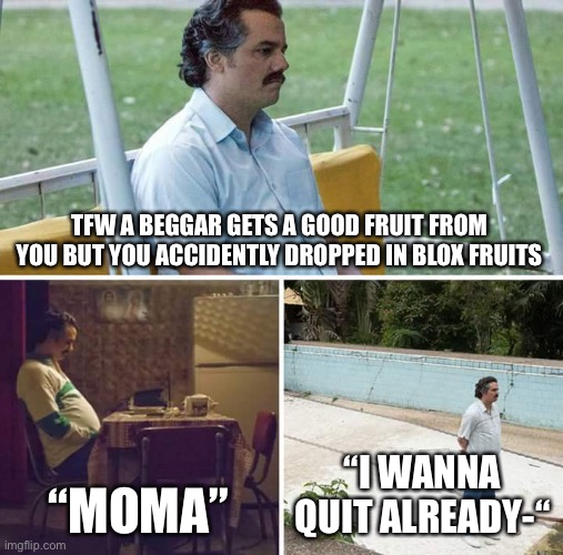 Sad Pablo Escobar | TFW A BEGGAR GETS A GOOD FRUIT FROM YOU BUT YOU ACCIDENTLY DROPPED IN BLOX FRUITS; “MOMA”; “I WANNA QUIT ALREADY-“ | image tagged in memes,sad pablo escobar | made w/ Imgflip meme maker