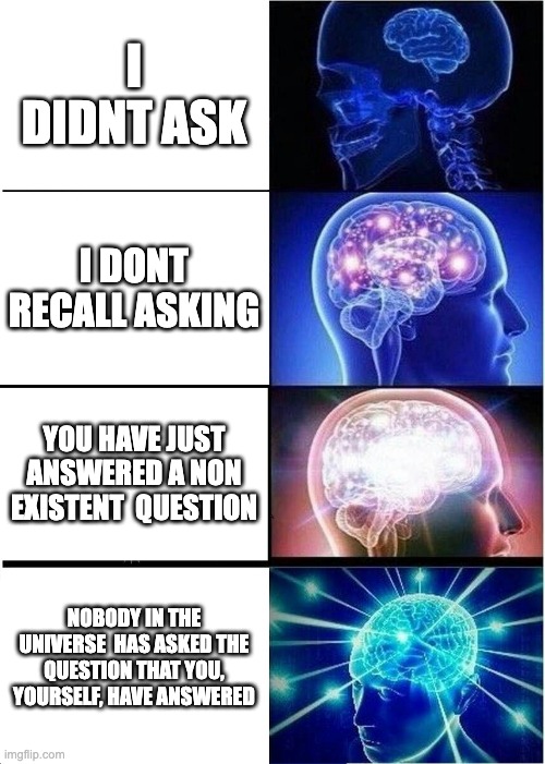 Expanding Brain Meme | I DIDNT ASK; I DONT RECALL ASKING; YOU HAVE JUST ANSWERED A NON EXISTENT  QUESTION; NOBODY IN THE UNIVERSE  HAS ASKED THE QUESTION THAT YOU, YOURSELF, HAVE ANSWERED | image tagged in memes,expanding brain | made w/ Imgflip meme maker