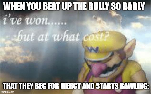 well now i just feel bad | WHEN YOU BEAT UP THE BULLY SO BADLY; THAT THEY BEG FOR MERCY AND STARTS BAWLING: | image tagged in i've won but at what cost | made w/ Imgflip meme maker
