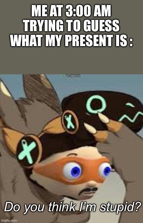 This Is Funny | ME AT 3:00 AM TRYING TO GUESS WHAT MY PRESENT IS :; Do you think I’m stupid? | image tagged in me at 3 00 am december 25th | made w/ Imgflip meme maker