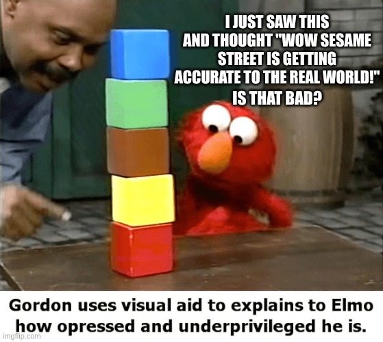 Is it tho? | I JUST SAW THIS AND THOUGHT "WOW SESAME STREET IS GETTING ACCURATE TO THE REAL WORLD!"; IS THAT BAD? | image tagged in elmo,underprivileged | made w/ Imgflip meme maker