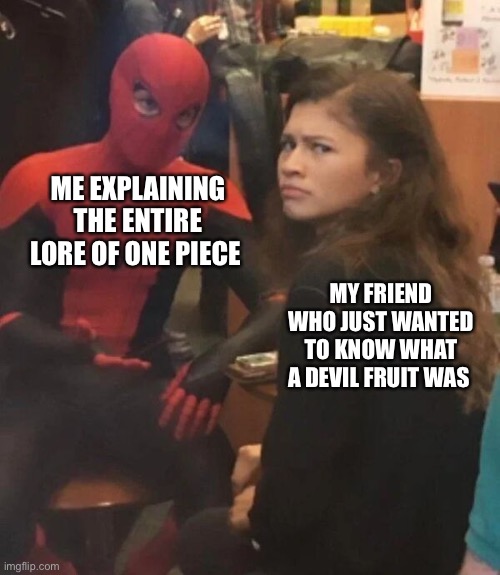 spider man explaining | ME EXPLAINING THE ENTIRE LORE OF ONE PIECE; MY FRIEND WHO JUST WANTED TO KNOW WHAT A DEVIL FRUIT WAS | image tagged in spider man explaining | made w/ Imgflip meme maker