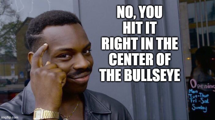 Roll Safe Think About It Meme | NO, YOU HIT IT RIGHT IN THE CENTER OF THE BULLSEYE | image tagged in memes,roll safe think about it | made w/ Imgflip meme maker