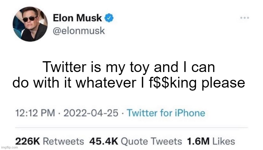 Elon Musk Buying Twitter | Twitter is my toy and I can do with it whatever I f$$king please | image tagged in elon musk buying twitter | made w/ Imgflip meme maker