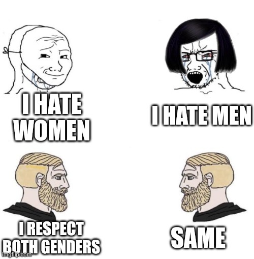 Chad we know | I HATE WOMEN; I HATE MEN; SAME; I RESPECT BOTH GENDERS | image tagged in chad we know,memes | made w/ Imgflip meme maker