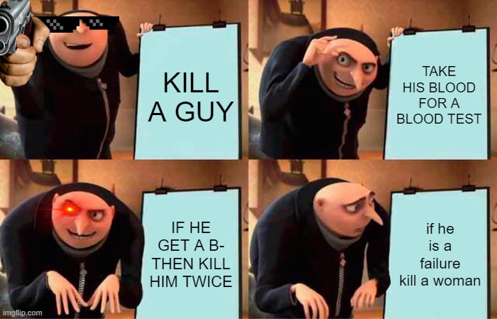well nah... | KILL A GUY; TAKE HIS BLOOD FOR A BLOOD TEST; IF HE GET A B-
THEN KILL HIM TWICE; if he is a failure kill a woman | image tagged in memes,gru's plan | made w/ Imgflip meme maker