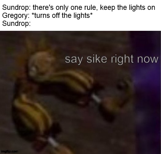 i made a meme template off of a picture i found in google images | Sundrop: there's only one rule, keep the lights on
Gregory: *turns off the lights*
Sundrop: | image tagged in sundrop say sike right now,gregory,sunny,fnaf security breach,fnaf,superstar | made w/ Imgflip meme maker
