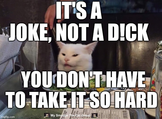 IT'S A JOKE, NOT A D!CK; YOU DON'T HAVE TO TAKE IT SO HARD | image tagged in smudge the cat | made w/ Imgflip meme maker