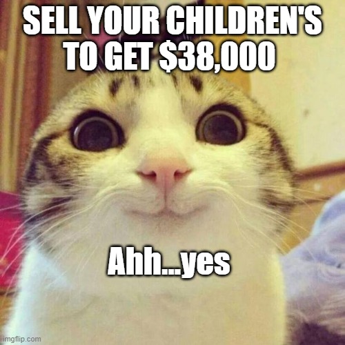 Hmmm.... | SELL YOUR CHILDREN'S TO GET $38,000; Ahh...yes | image tagged in memes,smiling cat | made w/ Imgflip meme maker