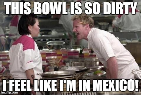 Angry Chef Gordon Ramsay Meme | THIS BOWL IS SO DIRTY I FEEL LIKE I'M IN MEXICO! | image tagged in memes,angry chef gordon ramsay | made w/ Imgflip meme maker