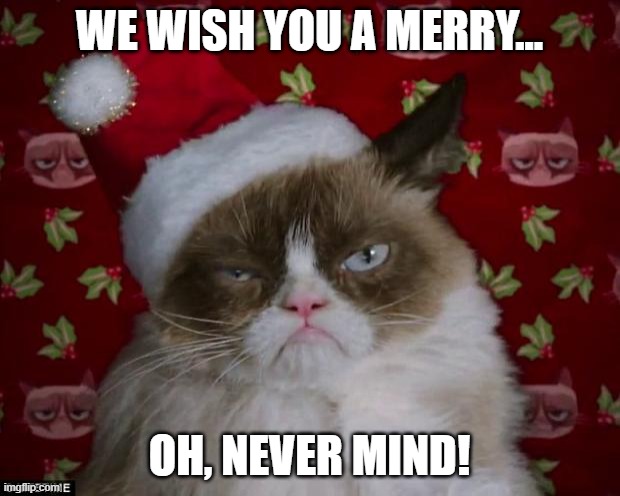 Never Mind | WE WISH YOU A MERRY... OH, NEVER MIND! | image tagged in grumpy cat christmas | made w/ Imgflip meme maker