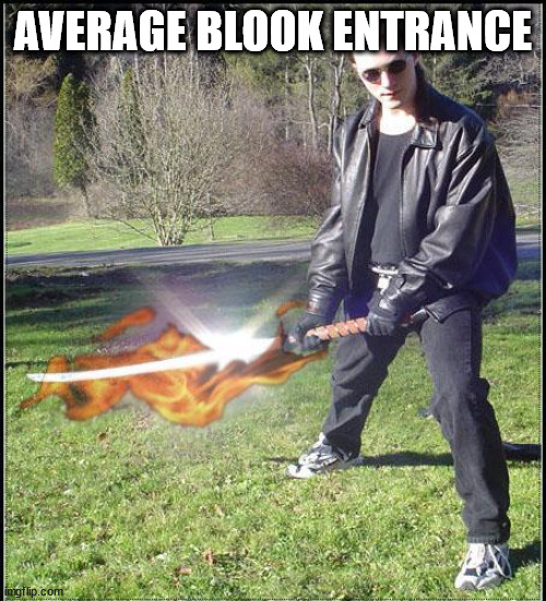 Teleports Behind you | AVERAGE BLOOK ENTRANCE | image tagged in teleports behind you | made w/ Imgflip meme maker