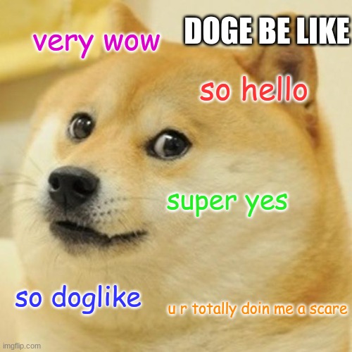 doge be like | DOGE BE LIKE; very wow; so hello; super yes; so doglike; u r totally doin me a scare | image tagged in memes,doge,dumb | made w/ Imgflip meme maker