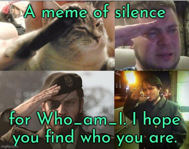 Let's continue this stream even after he's officially gone so we can keep the memory <3 | A meme of silence; for Who_am_I. I hope you find who you are. | image tagged in ozon's salute | made w/ Imgflip meme maker
