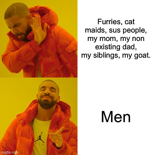 What I like and what I don’t like | Furries, cat maids, sus people, my mom, my non existing dad, my siblings, my goat. Men | image tagged in memes,drake hotline bling | made w/ Imgflip meme maker