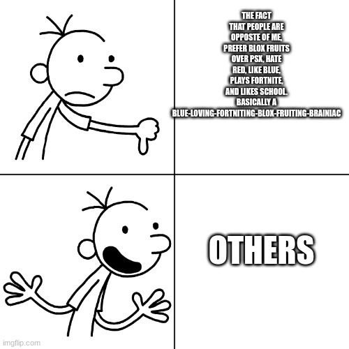 wimpy kid drake | THE FACT THAT PEOPLE ARE OPPOSTE OF ME, PREFER BLOX FRUITS OVER PSX, HATE RED, LIKE BLUE, PLAYS FORTNITE, AND LIKES SCHOOL. BASICALLY A BLUE-LOVING-FORTNITING-BLOX-FRUITING-BRAINIAC; OTHERS | image tagged in wimpy kid drake | made w/ Imgflip meme maker