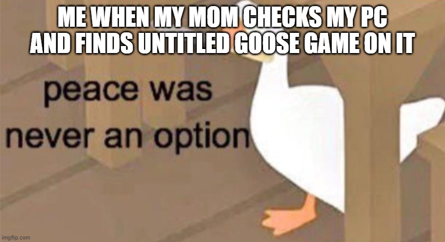 Untitled Goose Peace Was Never an Option | ME WHEN MY MOM CHECKS MY PC AND FINDS UNTITLED GOOSE GAME ON IT | image tagged in untitled goose peace was never an option | made w/ Imgflip meme maker