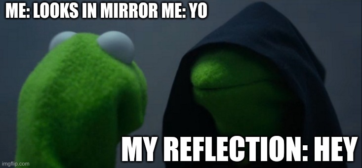 AyO wHaTs Up BrO | ME: LOOKS IN MIRROR ME: YO; MY REFLECTION: HEY | image tagged in memes,evil kermit | made w/ Imgflip meme maker