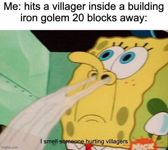 SpongeBob smelling | Me: hits a villager inside a building
iron golem 20 blocks away:; I smell someone hurting villagers | image tagged in spongebob smelling | made w/ Imgflip meme maker