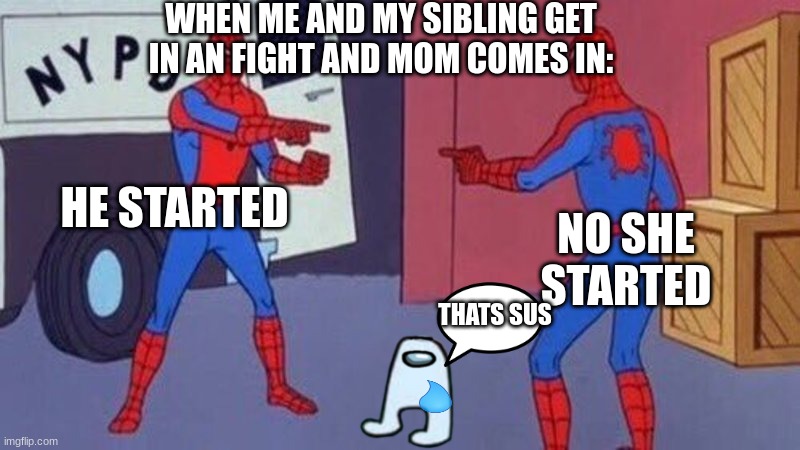 spiderman pointing at spiderman | WHEN ME AND MY SIBLING GET IN AN FIGHT AND MOM COMES IN:; HE STARTED; NO SHE STARTED; THATS SUS | image tagged in spiderman pointing at spiderman | made w/ Imgflip meme maker