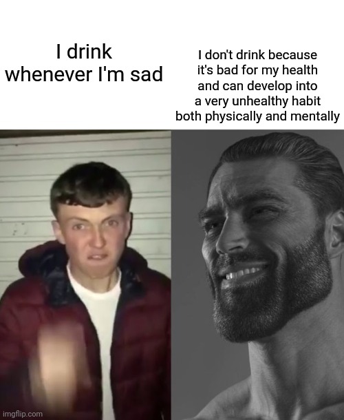 Average Fan vs Average Enjoyer | I don't drink because it's bad for my health and can develop into a very unhealthy habit both physically and mentally; I drink whenever I'm sad | image tagged in average fan vs average enjoyer | made w/ Imgflip meme maker