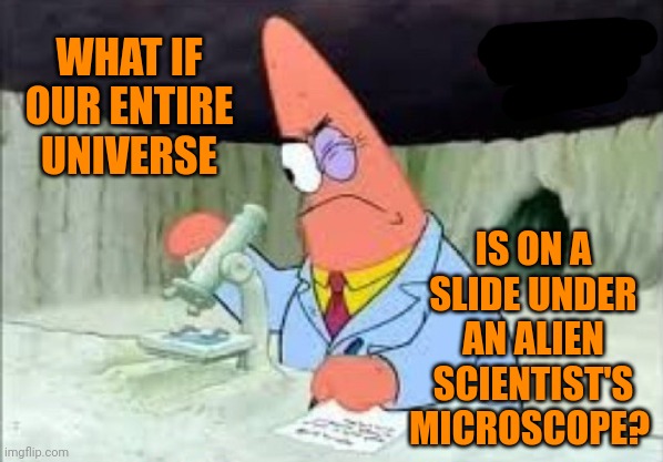 It's A Thought | WHAT IF OUR ENTIRE UNIVERSE; IS ON A SLIDE UNDER AN ALIEN SCIENTIST'S MICROSCOPE? | image tagged in smart patrick solo,special kind of stupid,stupid,science,philosophy,memes | made w/ Imgflip meme maker