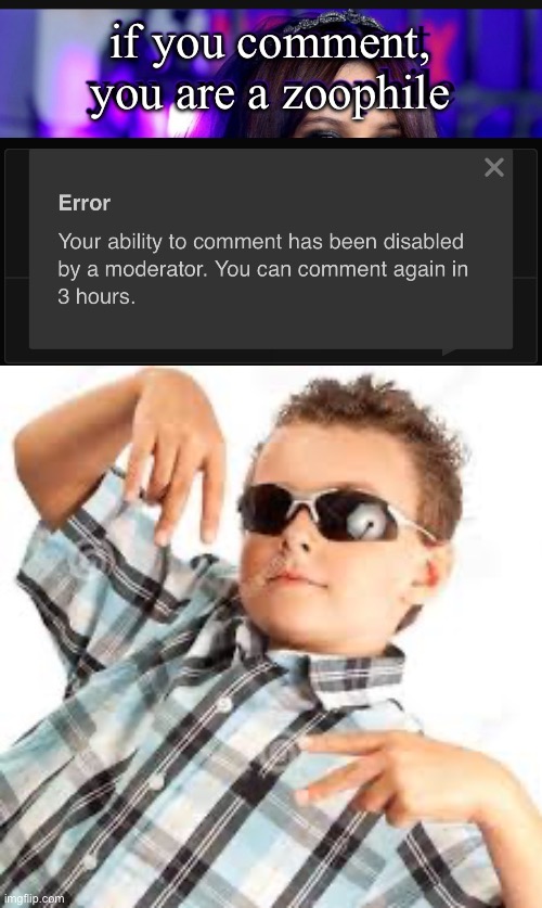Had to change the color of his text because he can’t be bothered to make it slightly readable | if you comment, you are a zoophile | image tagged in cool kid sunglasses | made w/ Imgflip meme maker