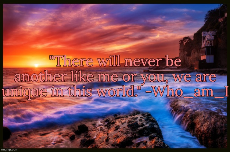 SPECIAL QUOTE!! | "There will never be another like me or you, we are unique in this world." -Who_am_I | image tagged in inspiring_quotes | made w/ Imgflip meme maker