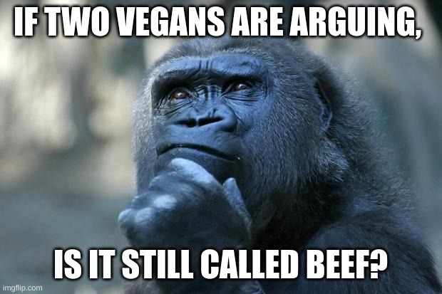 Beef=Grudge | IF TWO VEGANS ARE ARGUING, IS IT STILL CALLED BEEF? | image tagged in deep thoughts | made w/ Imgflip meme maker