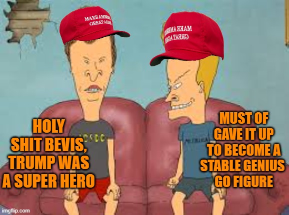 Pondering Trump realities | MUST OF GAVE IT UP TO BECOME A STABLE GENIUS 
GO FIGURE HOLY SHIT BEVIS, TRUMP WAS A SUPER HERO | image tagged in bevis n butthead,donald trump,maga,political meme,funny memes | made w/ Imgflip meme maker