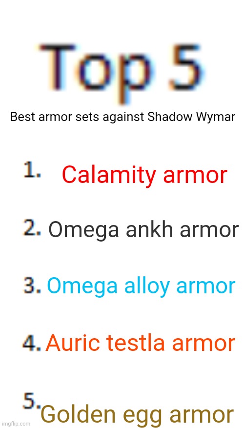 I'll make a post explaining calamity armor | Best armor sets against Shadow Wymar; Calamity armor; Omega ankh armor; Omega alloy armor; Auric testla armor; Golden egg armor | image tagged in top 5 list | made w/ Imgflip meme maker