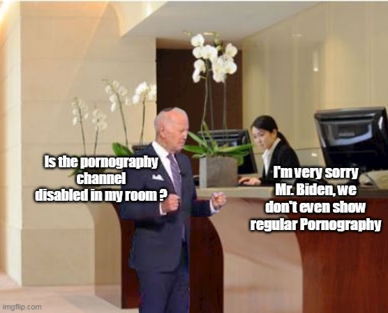 I'm sure Hunter has a few DVD's in his luggage | Is the pornography channel disabled in my room ? I'm very sorry Mr. Biden, we don't even show regular Pornography | image tagged in pedo pervo potus | made w/ Imgflip meme maker