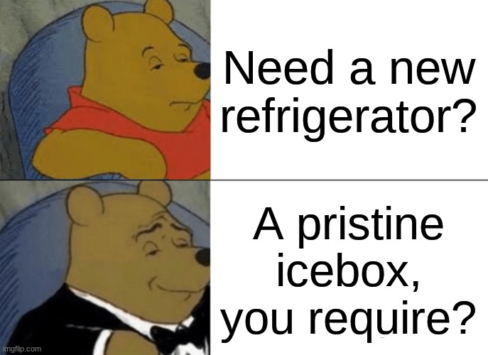 bruh | Need a new refrigerator? A pristine icebox, you require? | image tagged in memes,tuxedo winnie the pooh | made w/ Imgflip meme maker