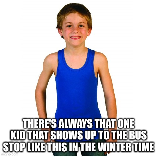 I bet you an upvote you've seen this type before | THERE'S ALWAYS THAT ONE KID THAT SHOWS UP TO THE BUS STOP LIKE THIS IN THE WINTER TIME | image tagged in funny meme,relatable | made w/ Imgflip meme maker