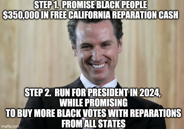 Your Tax Dollars At Work | STEP 1.  PROMISE BLACK PEOPLE $350,000 IN FREE CALIFORNIA REPARATION CASH; STEP 2.  RUN FOR PRESIDENT IN 2024, 
WHILE PROMISING TO BUY MORE BLACK VOTES WITH REPARATIONS
FROM ALL STATES | image tagged in scheming gavin newsom,leftists,liberals,democrats,2024,reparations | made w/ Imgflip meme maker